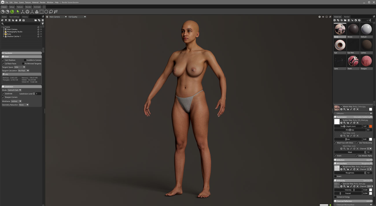 Marmoset Toolbag real-time render of a female 3D body scan with PBR materials and studio lighting configured
